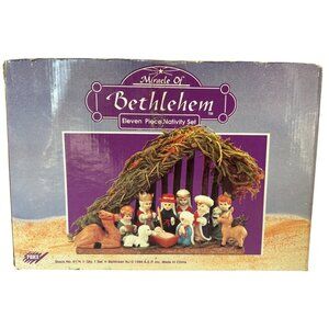 Miracle of Bethlehem Nativity Set 11-Piece Hand-Painted Porcelain w/ Wood Manger
